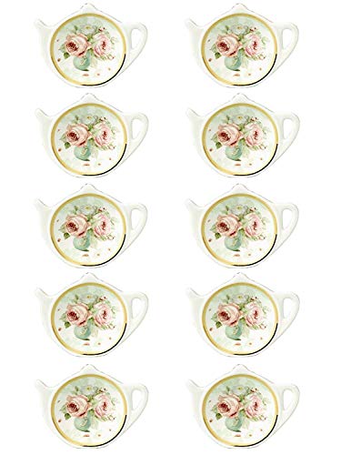 RockTrend Vintage Rose White Porcelain Ceramic Teapot-Shaped Tea Bag Holder Tea Bag Coasters Spoon Rests Classic Tea Saucer Seasoning Dish with Flower Trim Gold Rim Flower A 10 PCS