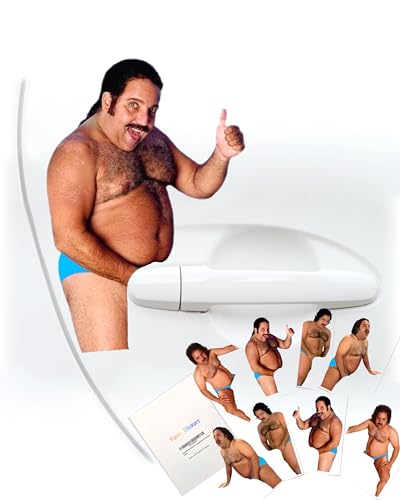 Image of 8 Funny Prank Stickers for Cars and Door Handle Pranks - Ron Jeremy Meme Sticker Amusing Waterproof Vinyl Decals Gag Gift Practical Joke (Blue Speedo)