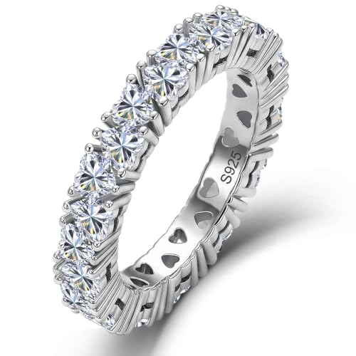 WES 3x3mm Heart Shaped Moissanite Eternity Ring - Hypoallergenic 925 Sterling Silver D Color VVS1 Clarity Love Heart Full Stackable Wedding Band for Women Men, Size 5
