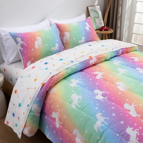 Meeting Story Queen Comforter Set for Girls with Sheets, Glow in the Dark Unicorn Theme Gradient Pink Yellow Background Bedding Set Twin Bed Set(Queen，Yellowpink) — view 4