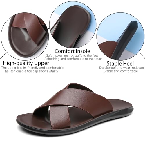 Men's Leather Slip On Slides Sandals Comfortable Lightweight Open Toe Anti-Slip Flat Summer Casual Slippers Indoor Outdoor Walking Beach Sandals3
