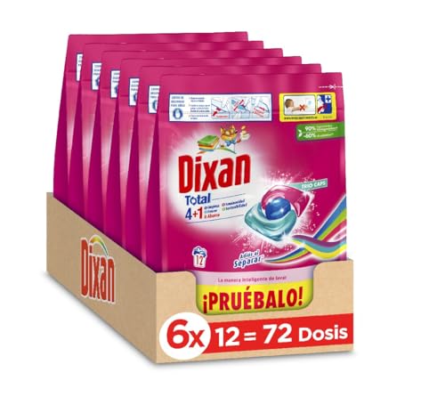 Dixan Adiós al Separar Total 4+1 Detergente en Cápsulas, Pack de 6, Jabón para la Ropa de Color, Limpieza, Luminosidad y Frescor en un Detergente