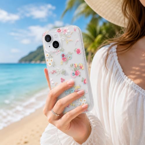 Image of SQUIF for iPhone 14 Plus / 15 Plus Back Case Cover Soft Silicone Translucent Matte Floral Printed Camera Protection (White)