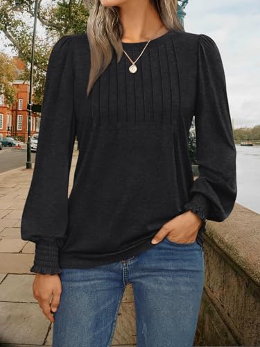 Womens Long Sleeve Shirts 2025 Dressy Fall Fashion Casual Tops Pleated Business Outfits Trendy Blouses with Smocked Cuffs