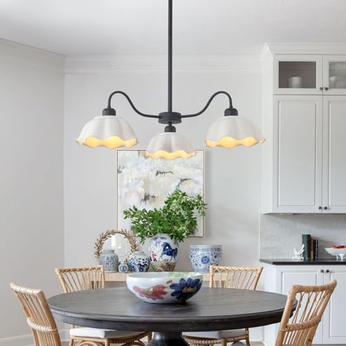 Image of 3 Light Mid Century Chandelier Fixture with White Ceramic Shade Contemporary Black Ceiling Pendant Light Semi Flush Mount Chandelier for Kitchens Living Room