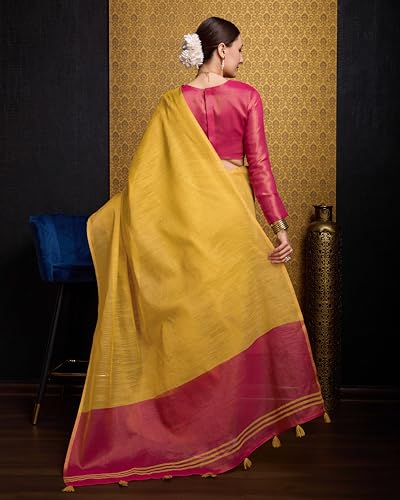 Image of SWORNOF Women's Linen Cotton Silk Saree with Unstitched Blouse Piece | Saree for Women | Saree with Blouse Piece | Soft and Skin Friendly