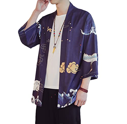 Image of PRIJOUHE Men's Lightweight Kimono Jacket Seven Sleeve Open Front Cardigan Coat Japanese Style Bathrobe