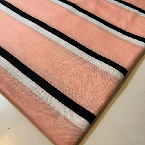 Camiseta de punto elástico de algodón suave liso/impreso, material de tela de 58 pulgadas a 150 cm de ancho, se vende como 1 metro de longitud precortada (Peach Black/White Stripe) (LP101)