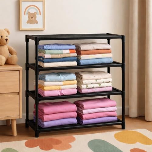 Image of ClearSpace Multipurpose Baby Wardrobe /Cabinet /Multipurpose Storage Rack, Foldable, Collapsible Fabric Wardrobe Organizer for Clothes (Plastic and Non Woven Fabric) (Black, 4 - Layer)