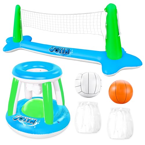 Image of JOYIN Inflatable Volleyball Net & Basketball Hoops Pool Float Set; Balls Included for Kids and Adults, Summer Pool Game, Floaties, Volleyball Court (105 inchx28 inchx38 inch) Basketball (27.6 inchx23 inch),Green,Blue