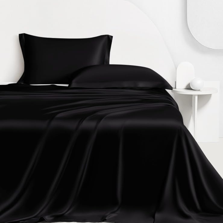 LINENWALAS Double Bed Sheet Set, 300 Thread Count, 100% Bamboo Bedding, Cooling Silk Black With 1 Fitted Sheet - Image 3