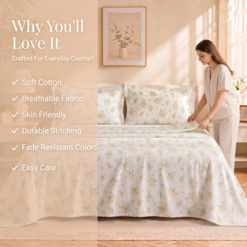 Image of SANMARINO Cloud Cotton 210 TC King Size Bedsheet with 2 Pillow Covers | Ultra Soft & Breathable | Floral Design Bedding Set | Hotel-Quality Comfort for a Luxurious Sleep | 270 x 250 cm | Olive Meadow
