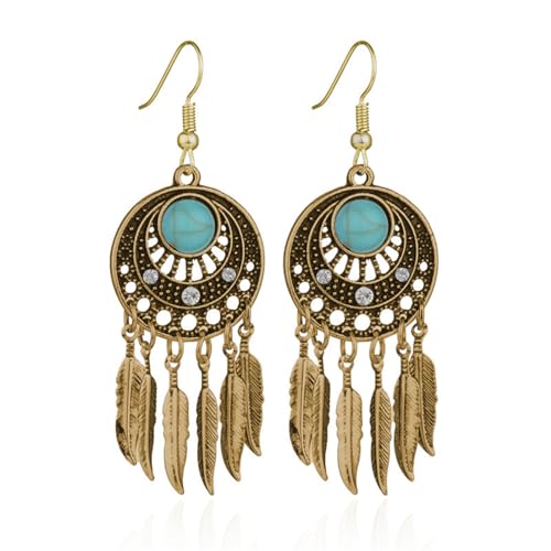 Boho Turquoise Drop Earrings Retro Long Copper Feather Tasse Metal Leaf Dangle Earrings Vintage Country Western Jewelry Cowgirl Ethnic Style Geometric Concert Festival Accessories for Women