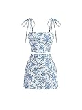 WDIRARA Women's 2 Piece Outfit Floral Print Tie Shoulder Cami Top and Split Hem Skirt Set Blue and White S