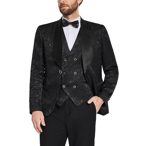 YND Men's 3 Piece Floral Suit Set, Shawl Lapel Paisley Tuxedo, Blazer Vest and Pants, for Party Prom Wedding Graphite
