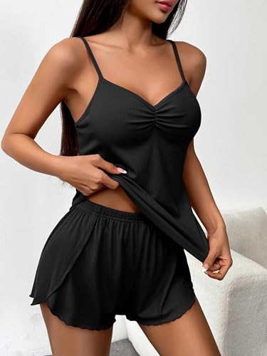 Ekouaer Womens Cami Pajama Sets 2 Piece Ribbed Knit Lingerie Sleeveless Tank Top and Shorts Camisole Pjs Sleepwear2