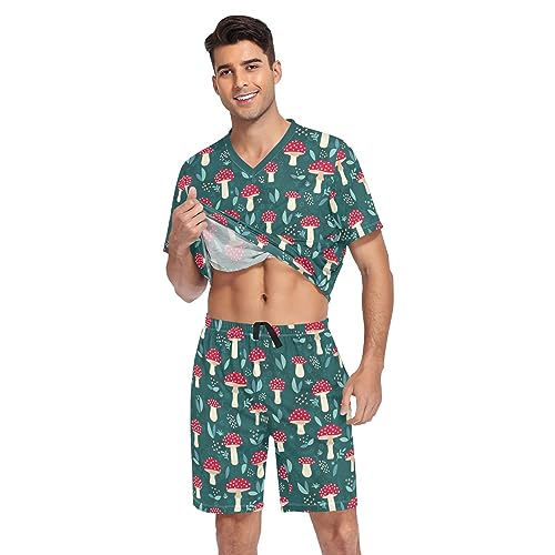 Men's Short Sleeve Pajama Set Mushroom Summer Pjs Set 2 Piece Loungewear Sleepwear with Pockets3