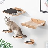 PATHOSIO PETS Space-Saving Cat Wall Shelves – Interactive Cat Wall Climber with Hammock & Dog Proof Feeding Station for All Indoor Breeds – Solid Natural Wood with Gray Carpet