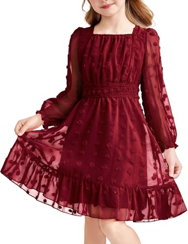 Arshiner Girls Dresses Long Sleeve Square Neck Swiss Dot Flowy Casual Party Dress