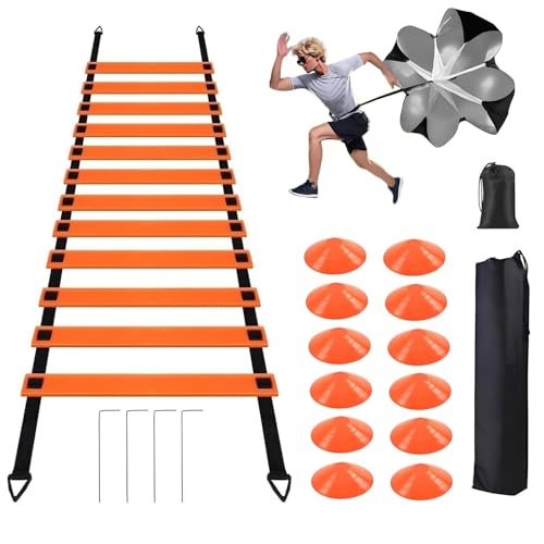 ANSLYQA 20 Pcs Agility Ladder Set,with 19FT Agility Ladder,Running Parachute,12 Soccer Cones for Basketball Football Soccer Boxing Sport Speed Training, (Orange)
