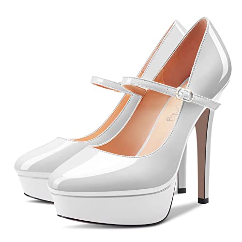 NobleOnly Women Stiletto High Heel Platform Round Toe Pumps Mary Jane Party Wedding Dress 5.1 Inches Heels4