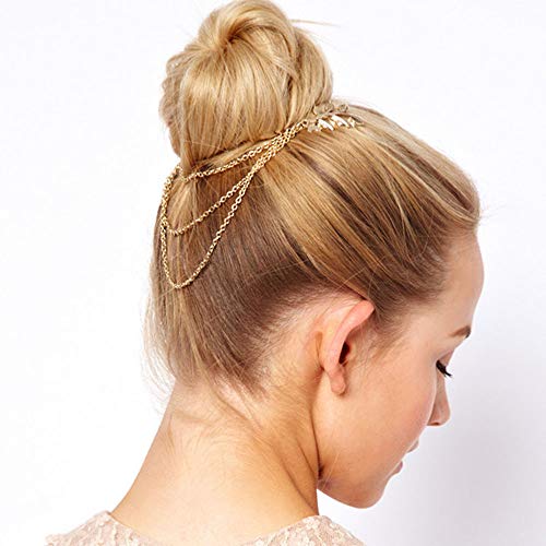 Yienate Cadena para el pelo con borla de aleación y hoja, para el pelo, accesorios para el cabello para mujeres y niñas (dorado) Cover