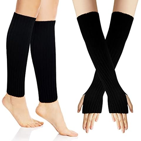 Satinior Women Leg and Arm Warmers Ankle Elbow Length Long Fingerless Gloves Mittens Winter Warm Legwarmers Knitted Covers with Thumb Hole Knee Socks, Black, One Size (SATINIOR-Gants -3981) Cover