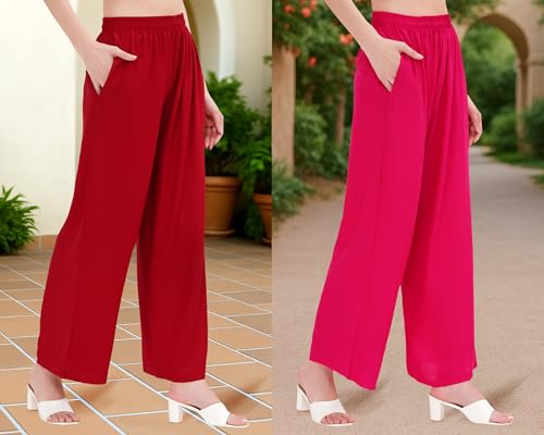 Image of Buy That Trendz Palazzo Pants for Women Cotton Rayon Elasticated Flared Wide Leg Regular Fit M to 6XL Pack of 2