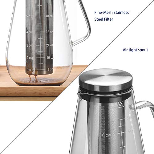 Cold Brew Coffee Maker Iced Tea Pitcher Infuser with Airtight Lid and Thick High Borosilicate Glass Carafe, 51oz/1.5L - Thumbnail 3