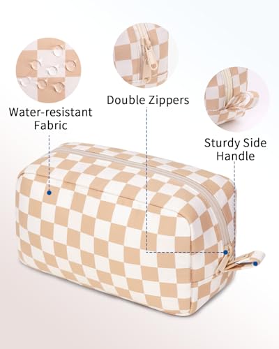 Image of Narwey Checkered Makeup Bag Travel Cosmetic Bag Organizer, Toiletry Bag Make Up Bags with Organized Pockets for Women (Light Checkerboard, Large)