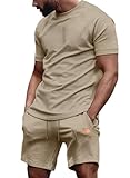 Picture of JMIERR Lounge Sets for Men Pajama 2 Piece Outfits Set Short Sleeve T Shirts and Shorts Matching Sleepwear Loungewear Sweatsuit with Pockets, XL, Khaki