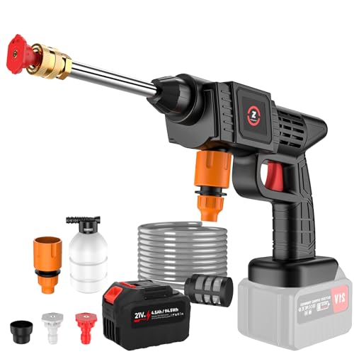 Akku Hochdruckreiniger, 50 bar Kabelloser Hochdruckreiniger mit 5 m Schlauch und 2 Düsen, Druckreiniger Mobiler,Tragbarer Hochdruckreiniger für Auto, Reinigung & Bewässerung (4.5Ah)
