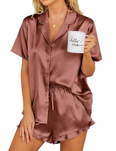 Image of Ekouaer Womens Satin Pajamas Set Button Down 2 Piece Silk Pjs Shorts Set Ruffle Lingerie Notch Collar Sleepwear