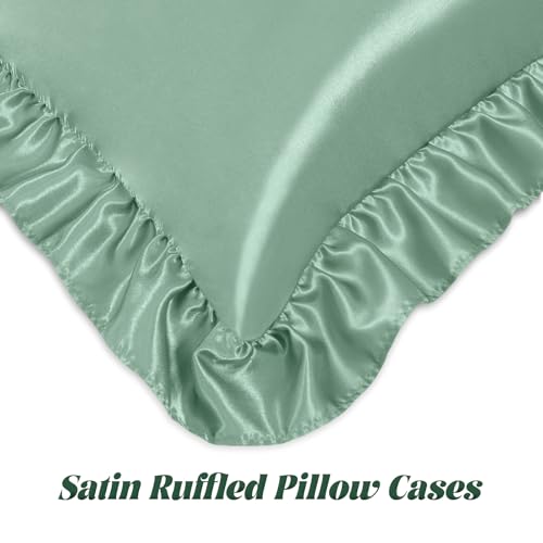 Image of Homiest Sage Green Twin Ruffle Pillowcase & Satin Fitted Sheet Set 2Pcs | Silky Satin Protects Hair And Skin, 15-Inch Deep Pocket, Pearlescent Earthy Natural Calm, Easy Machine Wash Care