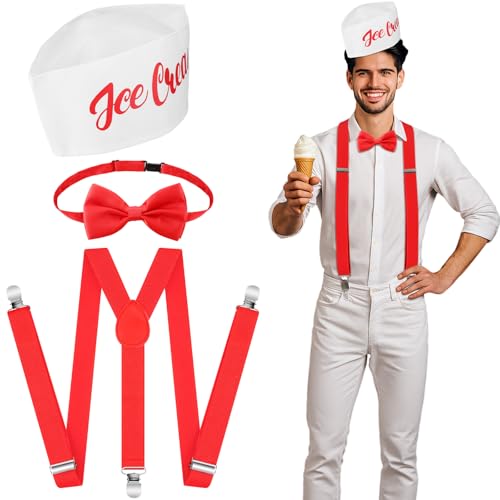 Yahenda 3 Pcs Halloween Ice Cream Costume Adults Truck Costume Accessories Include Adjustable Suspender Ice Cream Hat with Bow Ties for 1950s Theme Cosplay Party