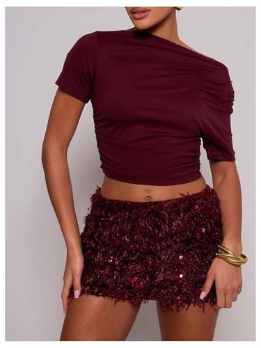 SweatyRocks Women's Sequin Mini Skirt Faux Fur Y2k Party Club Going Out Summer Skirt4