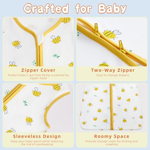 Image of DaysU Cotton Baby Sleep Sack, Sleeveless Baby Sleeping Bag with Two-Way Zipper, Embroidered and Printed Baby Wearable Blanket for Newborn Baby Girls 18-24 Months, 2-Pack, Yellow Bee, 0.5 TOG