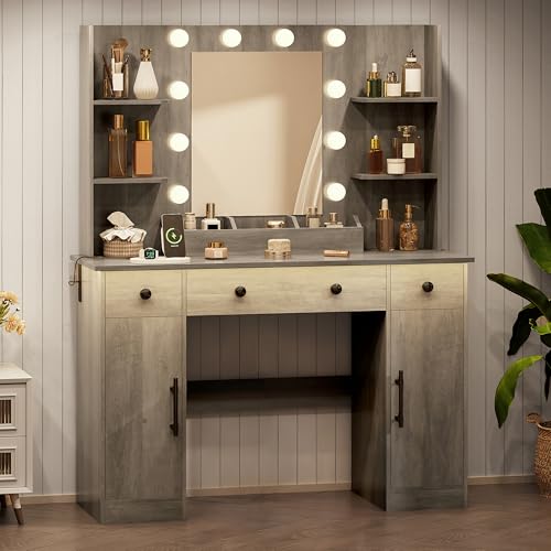 Image of HUANLEGO Vanity Desk with Mirror and Lights, Makeup Vanity with Mirror and LED Lights & Power Outlet, 3 Drawers and Cabinets, 3 Lighting Modes Dressing Table Set for Girls Women Bedroom,Grey
