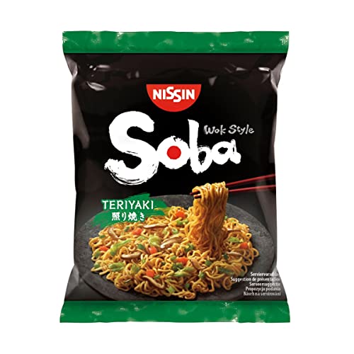 NISSIN Soba - Lote de 3 fideos asiáticos salteados teriyaki, aspecto wok, en bolsa, 110 g
