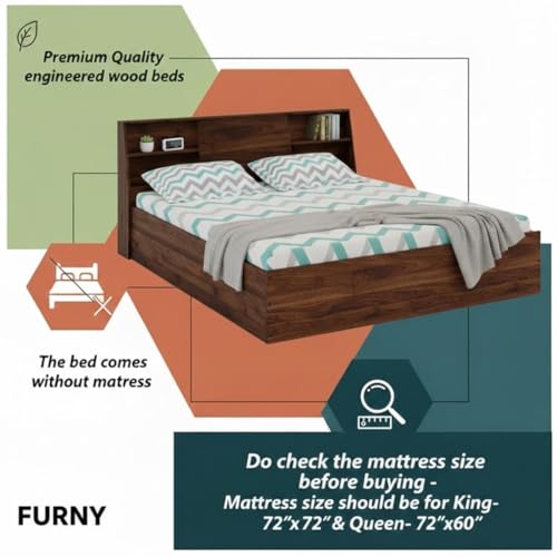 Image of FURNY Orbix King Size Engineered Wood Bed with Headboard Storage & Box Storage | Contemporary Design | Strong Bed for Bedroom & Hotel