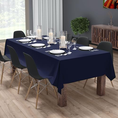 Image of HOME COLORS.IN Cotton Plain 6 Seater Table Cover - Machine Washable - Durable - Dining Table Cloth - 60 x 84 Inch - Navy Blue