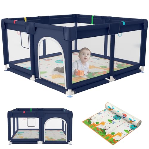 JUPPLIES Parque Infantil Bebe 120x120cm + Alfombra Bebe – Corralito Bebe con Malla Transpirable – Parque de Juegos Bebe Plegable con Puerta Lateral – Playpen Bebe - Azul