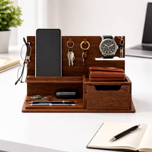 Image of Wooden Desk Organizer with Drawer & Phone Stand | Multipurpose Office Table Storage Holder | Compact Tabletop Organizer (11 x 8 x 6 Inch, Walnut Finish)