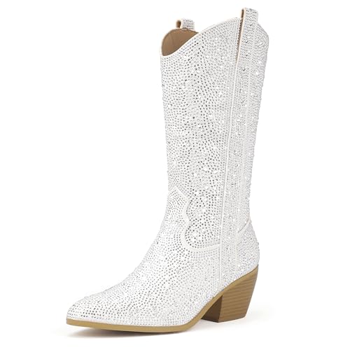 IDIFU White Rhinestone Cowboy Boots for Women Mid Calf Sparkly Western Cowgirl Pointed Toe Low Block Chunky Heel Glitter Country Cute Zipper Dress Booties Wedding Birde Boots(White Rhinestone, 7)