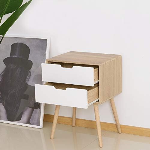 HOMCOM Freestanding Bedside Table with 2 Drawers, Wood Legs, Bedroom Nightstand, Cabinet Storage Organiser Unit, Oak