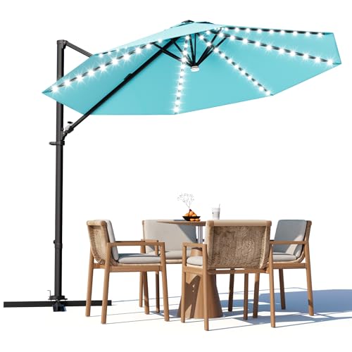 Image of Greesum 10FT Outdoor Patio Umbrella with High Pedel and 4 Gear Heights, Large Offset Umbrella with Solar LED Lights and 360-degree Rotation, Without Base, Hanging Outdoor Shade for Garden, Light Blue