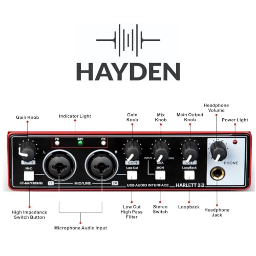 Image of HAYDEN HARLETT 2i2 3rd Gen USB Audio Interface, 2-In 2-Out Recording Sound Card, 32-Bit /192kHz, 48V Phantom Power, XLR /TRS Combo Inputs, Studio Audio for Guitar, Vocals, Podcast & Streaming