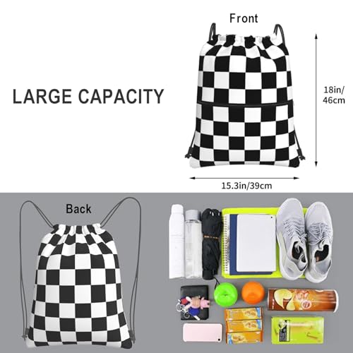 Image of Checkerboard Drawstring Bags, Outdoor Sports Black White Race Cinch String Bag, Waterproof Gym Drawstring Backpack, Men Women Large Capacity Cinch Sackpack with Zippered Pocket