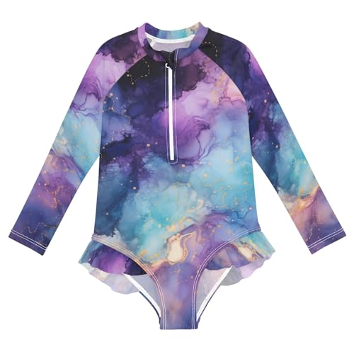 ALAZA Swimsuit for Girls Long Sleeve Rashguard Bathing Suit Marble Dark Quick Dry 4T