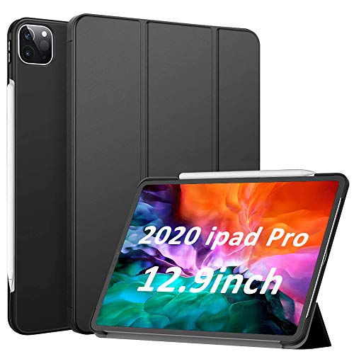 mixigoo Hülle für iPad Pro 12.9 Zoll 2020, PU Leder Schutzhülle iPad Pro 2020 Auto Schlaf-/Weckfunktion Unterstützt Kabelloses Laden Klappbar Multi-Winkel Ständer Folio Cover Schwarz